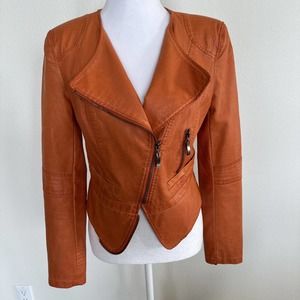 One Community Womens Orange Faux Leather Jacket Sz S Funky Artsy V Neck Lined